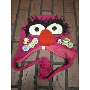 The Muppets Animal Large Face Eyes Nose Winter Ear Flap Hat With Collectible Pin